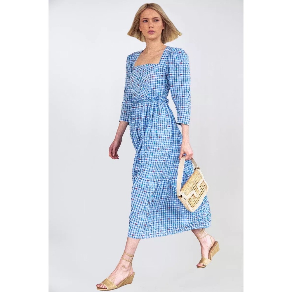 Hunter Bell Blue Gingham Floral Embroidered Tiered Midi Dress Square Neck 3/4